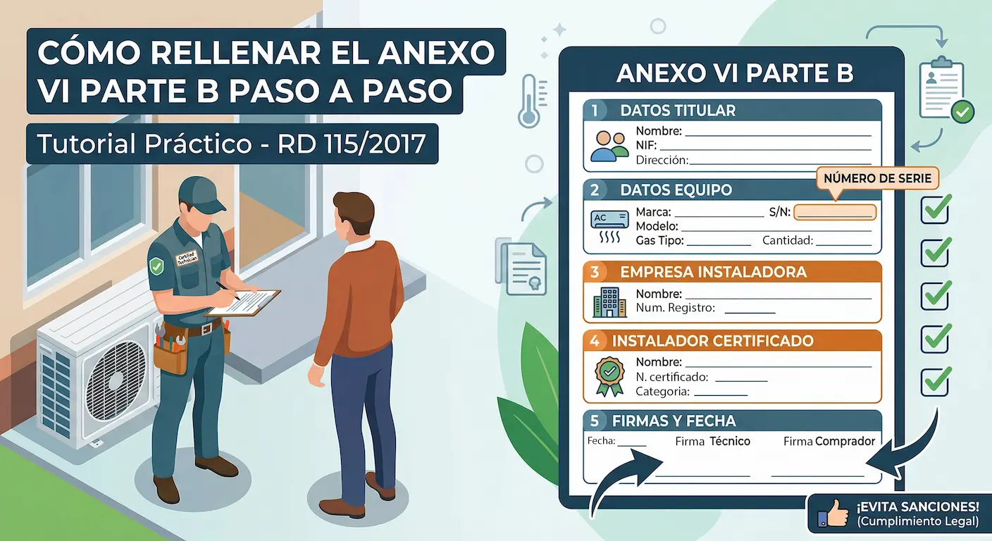 Técnico rellenando el Anexo VI Parte B en un equipo de aire acondicionado