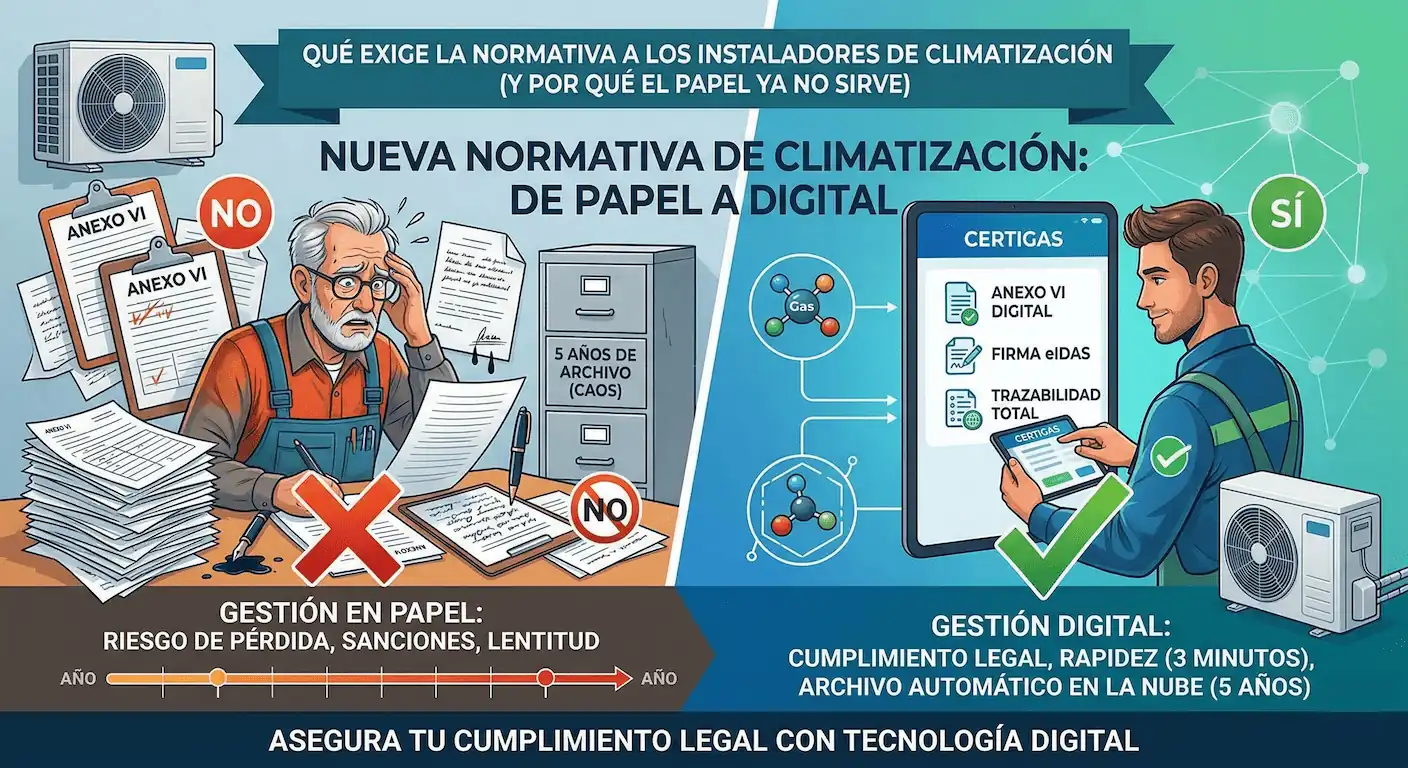 Instalador de climatización revisando documentación del RD 115/2017