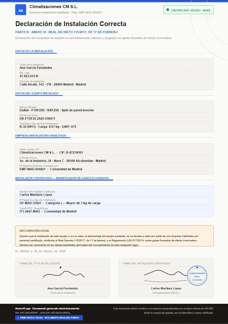 Vista previa del certificado Anexo VI generado